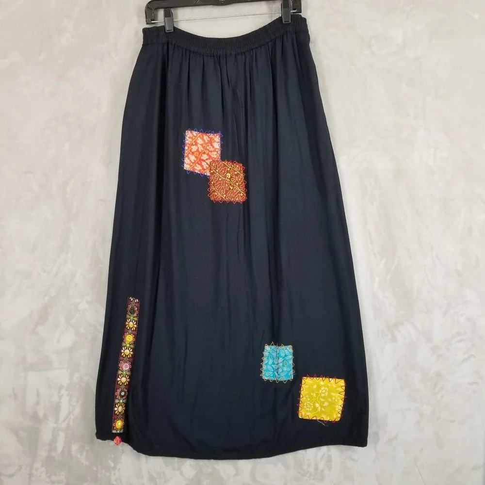 Vintage Sacred Threads Skirt Women S/M Black Maxi Patchwork Ruched‎ Side Hippie